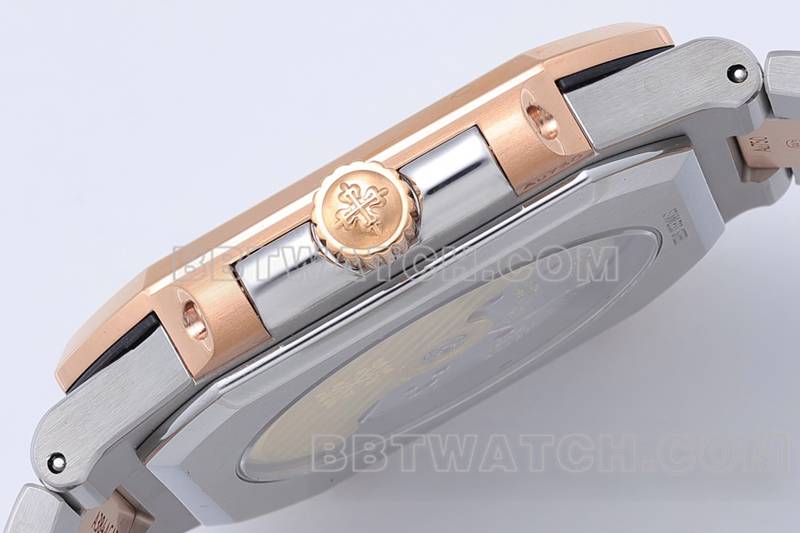 百达翡丽最佳复刻手表PPF厂45MM蓝盘机械间金钢带款5821侧面实拍图