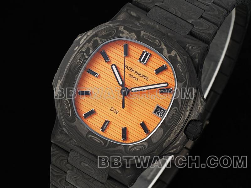 百达翡丽顶级复刻手表DIW厂鹦鹉螺橙盘碳纤维机械钢带款5711正面实拍图