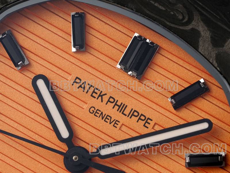 百达翡丽顶级复刻手表DIW厂鹦鹉螺橙盘碳纤维机械钢带款5711正面实拍图