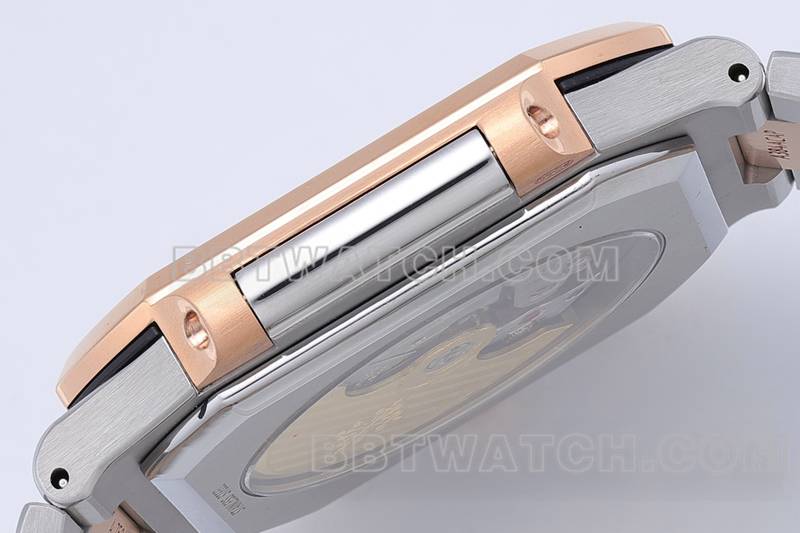 百达翡丽最佳复刻手表PPF厂45MM蓝盘机械间金钢带款5821侧面实拍图