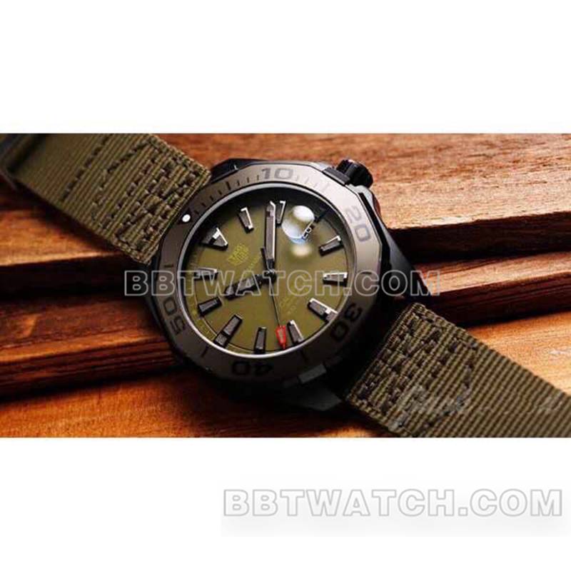 泰格豪雅顶级复刻手表竞潜军绿盘43mm机械尼龙款正面实拍图