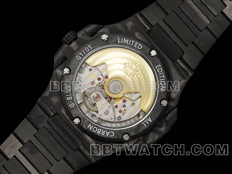 百达翡丽顶级复刻手表DIW厂鹦鹉螺橙盘碳纤维机械钢带款5711背面实拍图