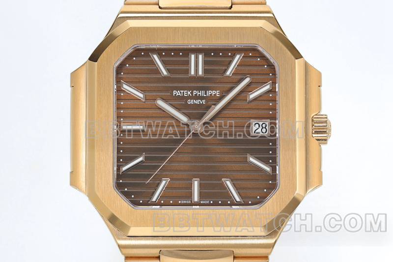 百达翡丽顶级复刻手表PPF厂45MM棕盘机械玫瑰金钢带款5821正面实拍图