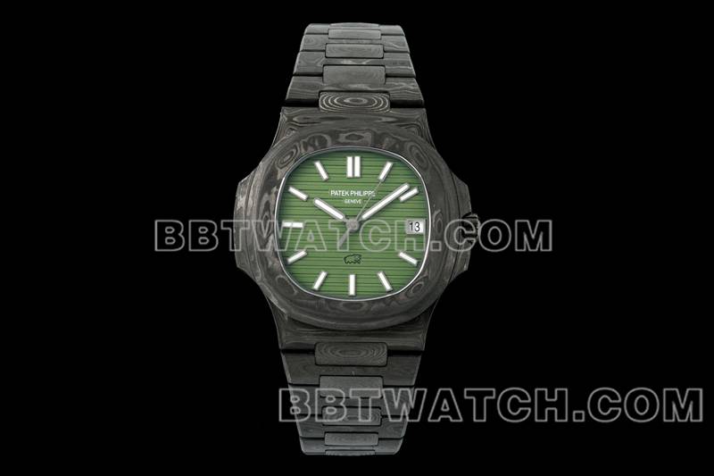百达翡丽最优复刻手表DIW厂鹦鹉螺绿盘碳纤维机械钢带款5711正面实拍图