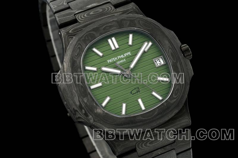 百达翡丽最优复刻手表DIW厂鹦鹉螺绿盘碳纤维机械钢带款5711正面实拍图