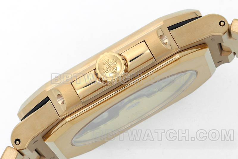 百达翡丽顶级复刻手表PPF厂45MM棕盘机械玫瑰金钢带款5821侧面实拍图