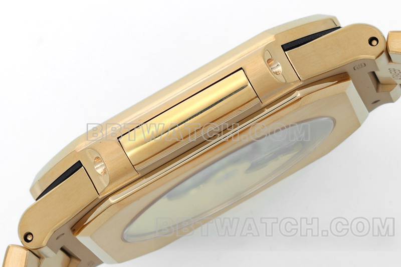 百达翡丽顶级复刻手表PPF厂45MM棕盘机械玫瑰金钢带款5821侧面实拍图