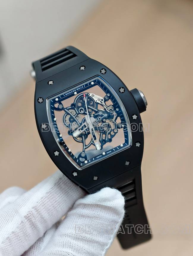 理查德米勒顶级复刻手表APS厂陀飞轮机械黑色陶瓷橡胶款RM055正面实拍图