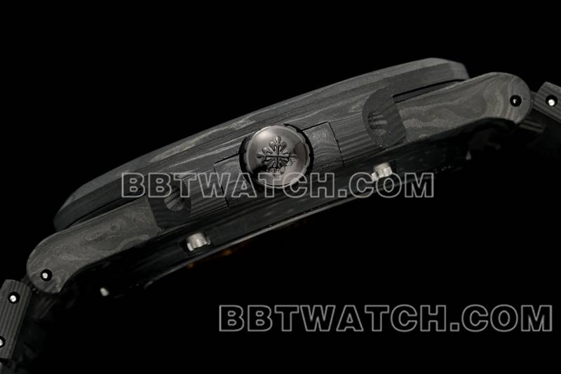 百达翡丽最优复刻手表DIW厂鹦鹉螺绿盘碳纤维机械钢带款5711侧面实拍图