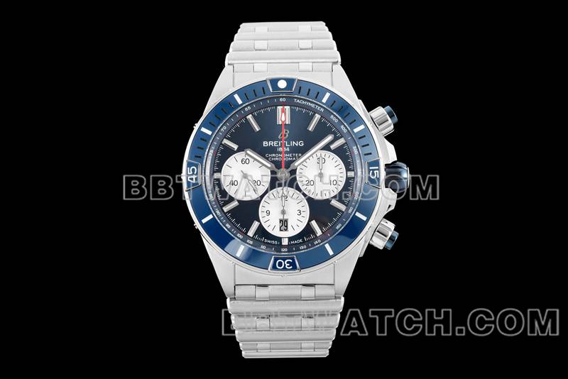 百年灵最优复刻手表TF厂机械计时蓝盘44mm钢带款正面实拍图