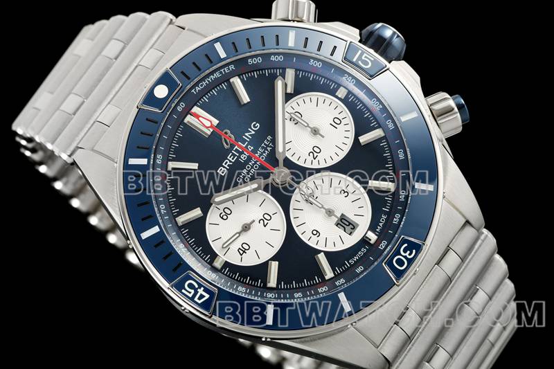 百年灵最优复刻手表TF厂机械计时蓝盘44mm钢带款正面实拍图