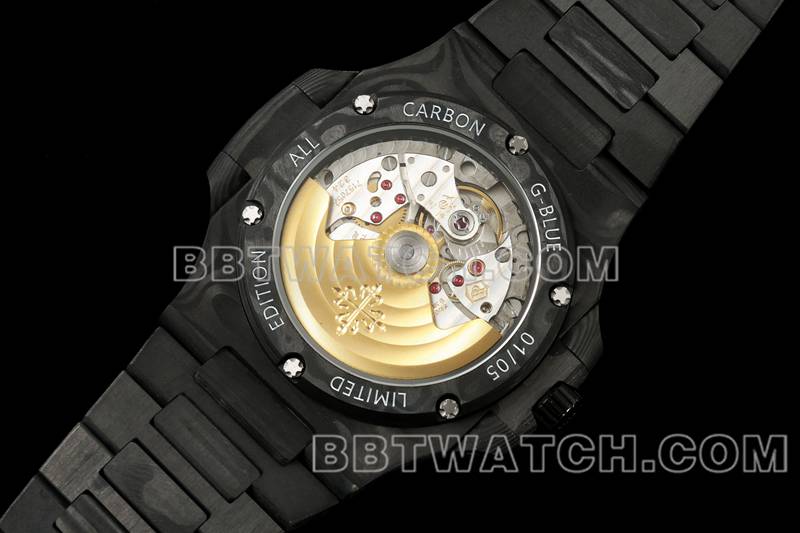 百达翡丽最优复刻手表DIW厂鹦鹉螺绿盘碳纤维机械钢带款5711背面实拍图