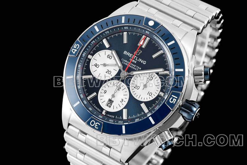 百年灵最优复刻手表TF厂机械计时蓝盘44mm钢带款正面实拍图