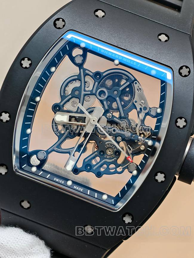 理查德米勒顶级复刻手表APS厂陀飞轮机械黑色陶瓷橡胶款RM055正面实拍图