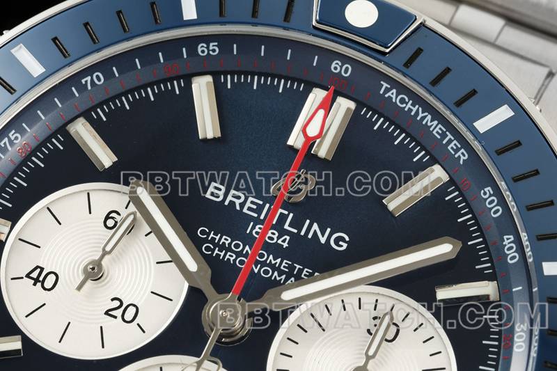 百年灵最优复刻手表TF厂机械计时蓝盘44mm钢带款正面实拍图