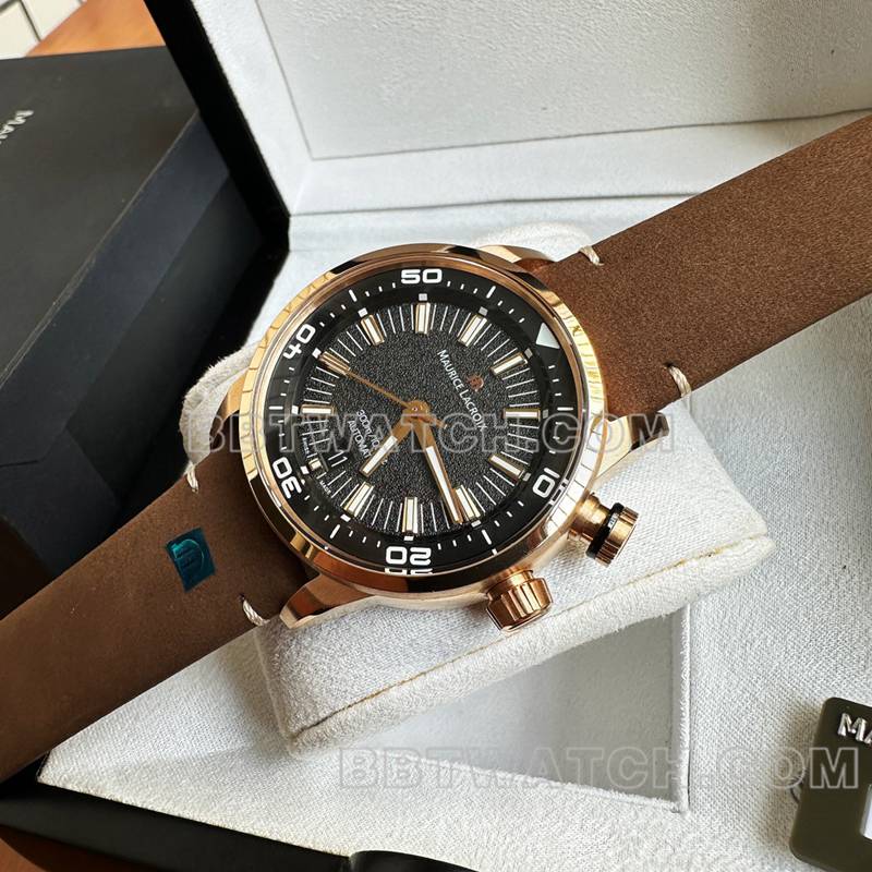 顶级复刻手表艾美原单奔涛S黑盘42mm机械棕色橡胶款正面实拍图