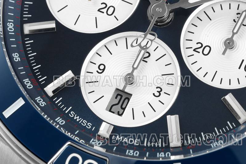 百年灵最优复刻手表TF厂机械计时蓝盘44mm钢带款正面实拍图