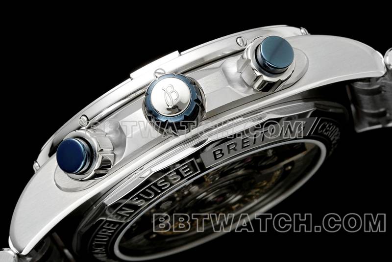 百年灵最优复刻手表TF厂机械计时蓝盘44mm钢带款侧面实拍图