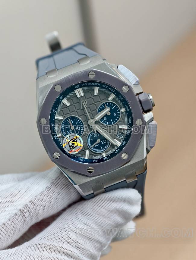 爱彼顶级复刻手表APS厂皇家橡树离岸型灰盘机械橡胶款26420正面实拍图