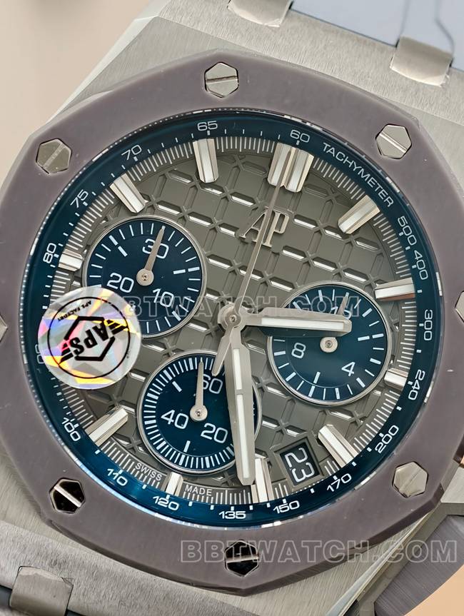 爱彼顶级复刻手表APS厂皇家橡树离岸型灰盘机械橡胶款26420正面实拍图