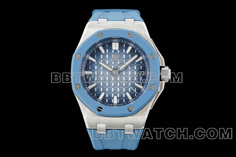 爱彼超级克隆手表APP厂皇家橡树离岸型烟熏蓝盘机械橡胶款15605正面实拍图