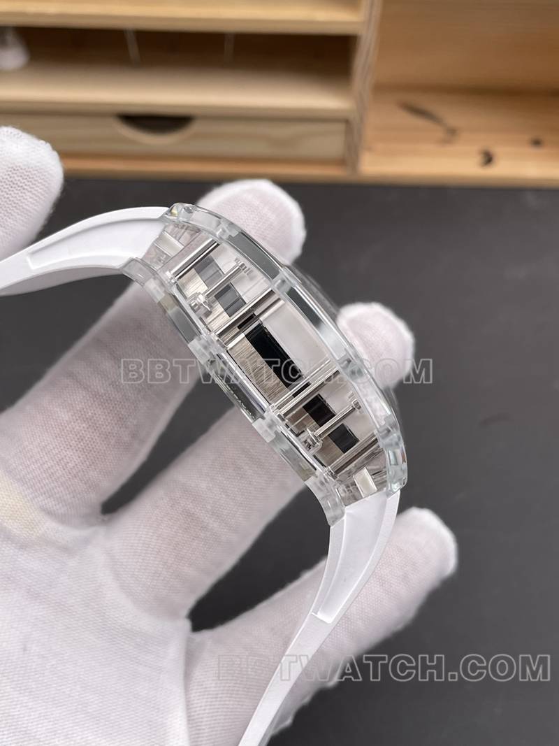理查德米勒超级克隆手表RM厂透明水晶壳陀飞轮机械RM38-02侧面实拍图