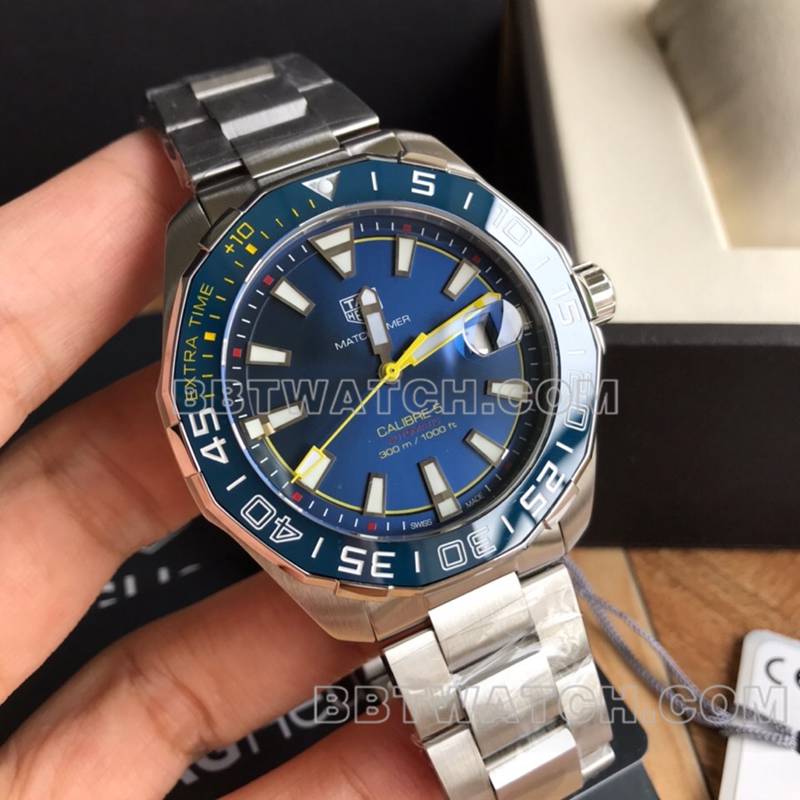 泰格豪雅超级克隆手表竞潜蓝盘黄针43mm机械钢带款正面实拍图