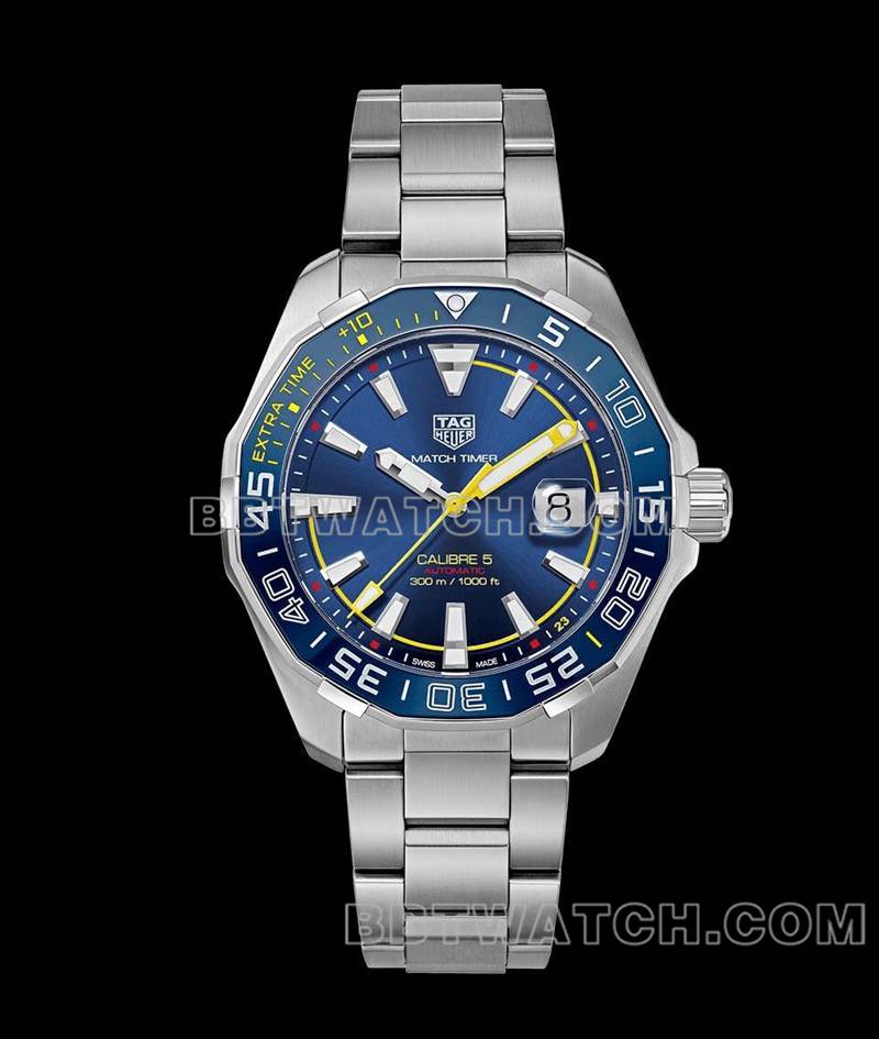泰格豪雅超级克隆手表竞潜蓝盘黄针43mm机械钢带款正面实拍图