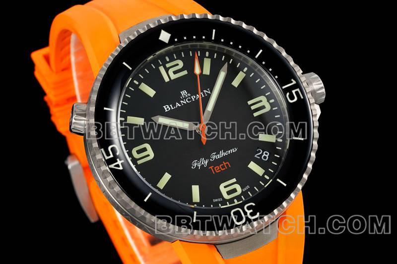 宝珀最优复刻手表五十噚黑盘钛金属机械橙色橡胶款正面实拍图