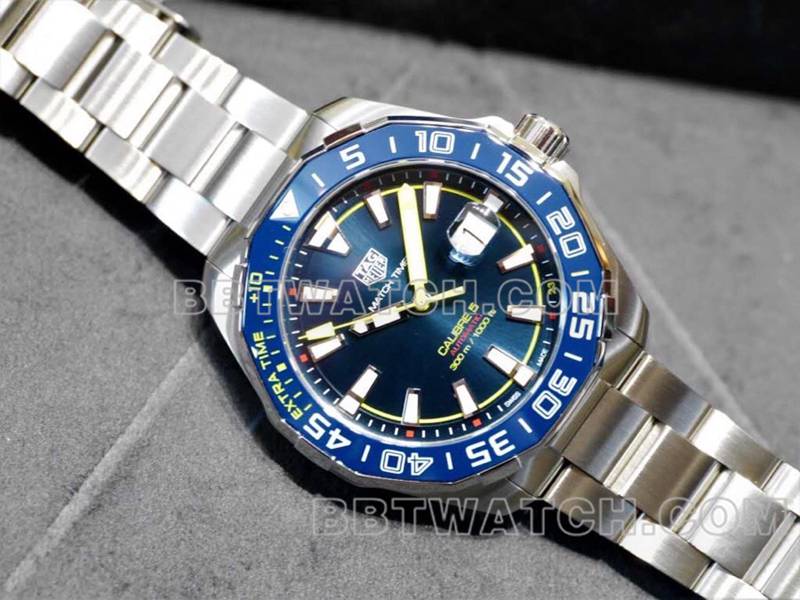 泰格豪雅超级克隆手表竞潜蓝盘黄针43mm机械钢带款正面实拍图