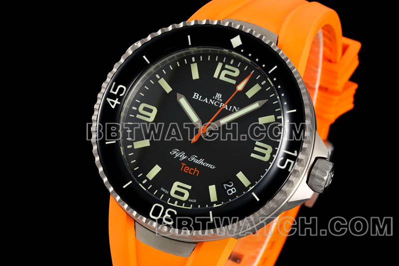 宝珀最优复刻手表五十噚黑盘钛金属机械橙色橡胶款正面实拍图