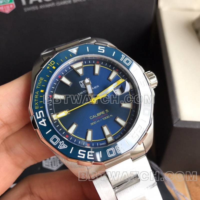泰格豪雅超级克隆手表竞潜蓝盘黄针43mm机械钢带款正面实拍图