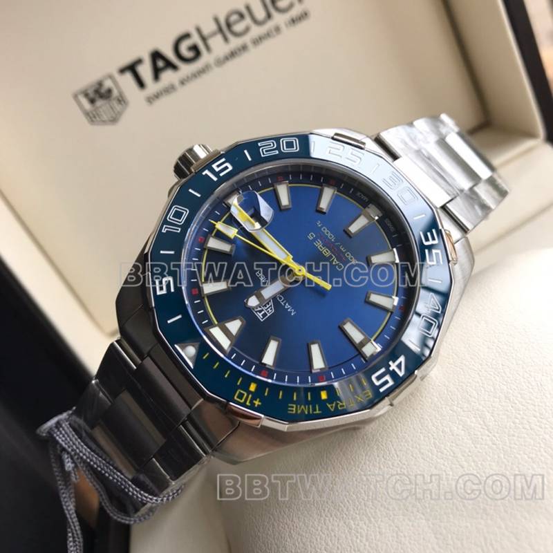 泰格豪雅超级克隆手表竞潜蓝盘黄针43mm机械钢带款正面实拍图