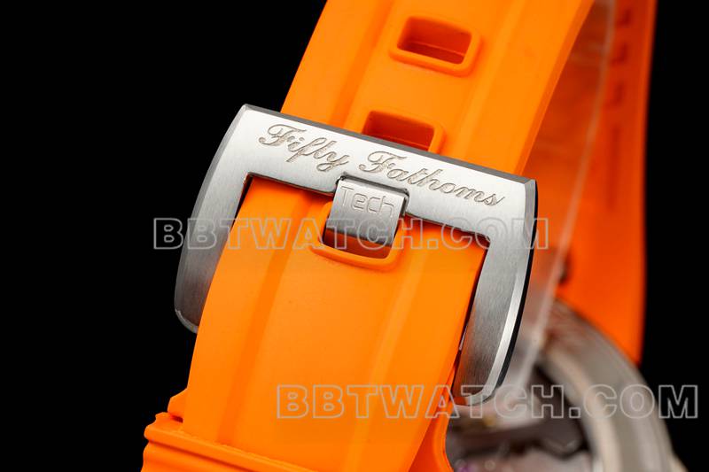 宝珀最优复刻手表五十噚黑盘钛金属机械橙色橡胶款表扣实拍图