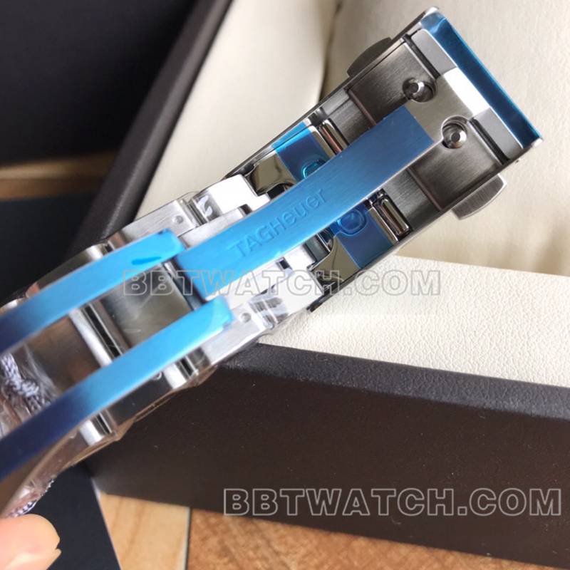 泰格豪雅超级克隆手表竞潜蓝盘黄针43mm机械钢带款表扣实拍图