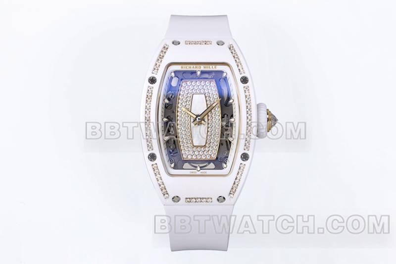 理查德米勒1:1复刻手表ZF厂白陶瓷白盘镶钻机械手表RM07-1正面实拍图