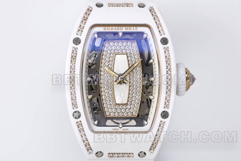 理查德米勒1:1复刻手表ZF厂白陶瓷白盘镶钻机械手表RM07-1正面实拍图