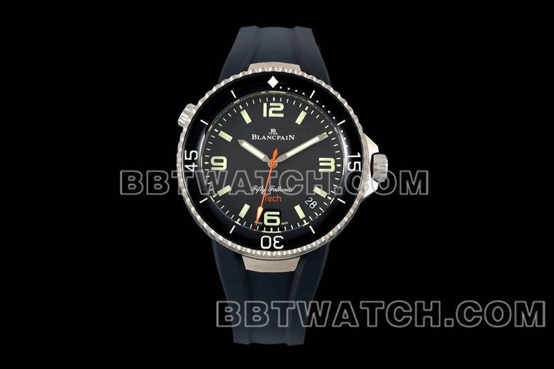 宝珀1:1复刻手表五十噚黑盘钛金属机械黑色橡胶款正面实拍图