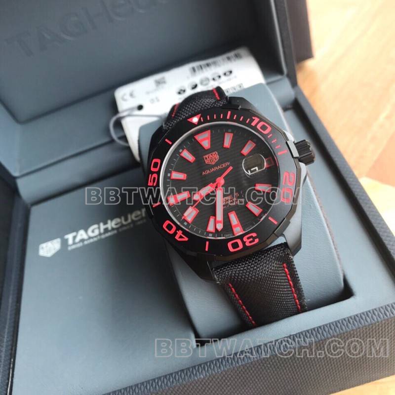 泰格豪雅最优复刻手表竞潜黑盘红色43mm钛金属机械皮带款正面实拍图