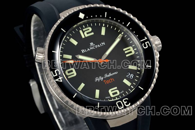 宝珀1:1复刻手表五十噚黑盘钛金属机械黑色橡胶款正面实拍图