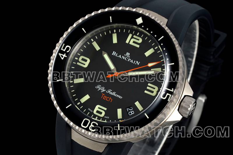 宝珀1:1复刻手表五十噚黑盘钛金属机械黑色橡胶款正面实拍图