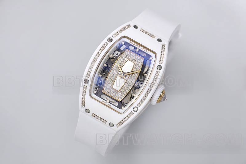 理查德米勒1:1复刻手表ZF厂白陶瓷白盘镶钻机械手表RM07-1正面实拍图