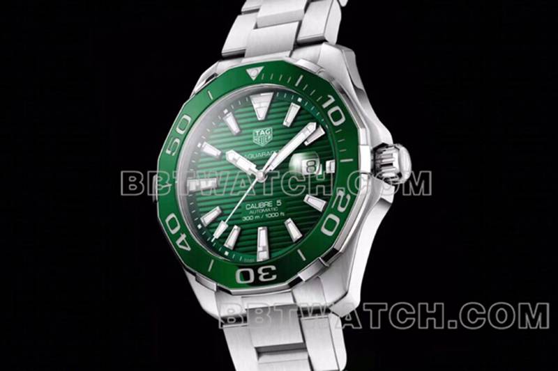 泰格豪雅1:1复刻手表竞潜绿盘43mm机械钢带款正面实拍图