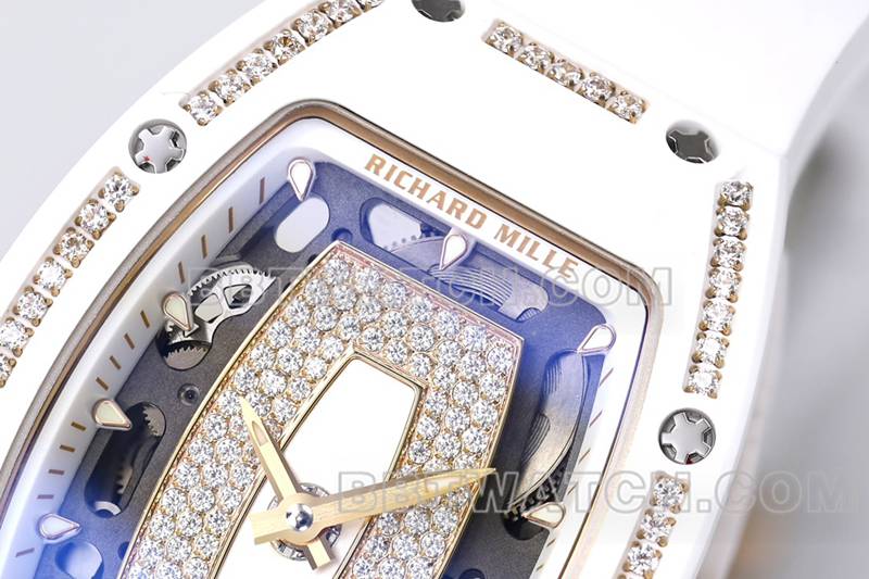 理查德米勒1:1复刻手表ZF厂白陶瓷白盘镶钻机械手表RM07-1正面实拍图