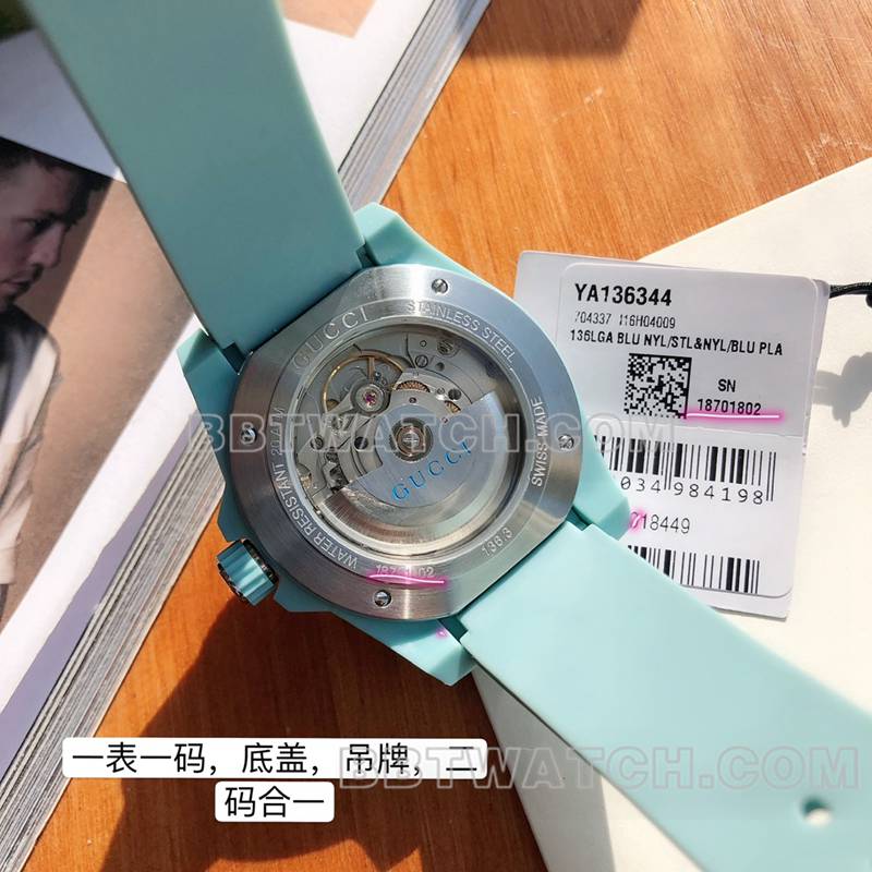 古驰1:1复刻手表40mm蓝盘SW200机械机械橡胶款背面实拍图