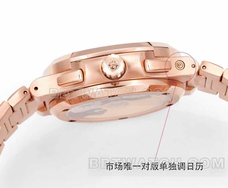 运动优雅1:1复刻手表P1厂百达翡丽蓝盘玫瑰金机械钢带款5990侧面实拍图