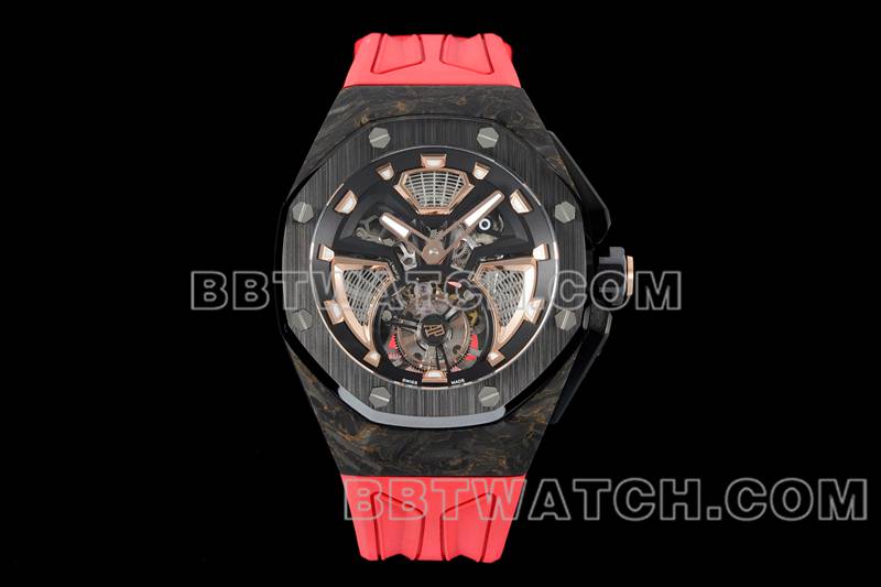 爱彼最佳复刻手表RM厂皇家橡树离岸型浮动陀飞轮机械红色橡胶款正面实拍图