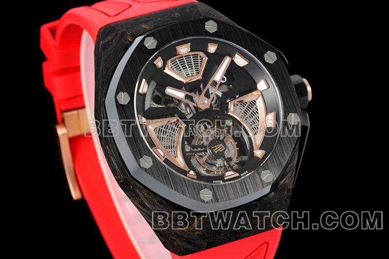 爱彼最佳复刻手表RM厂皇家橡树离岸型浮动陀飞轮机械红色橡胶款正面实拍图