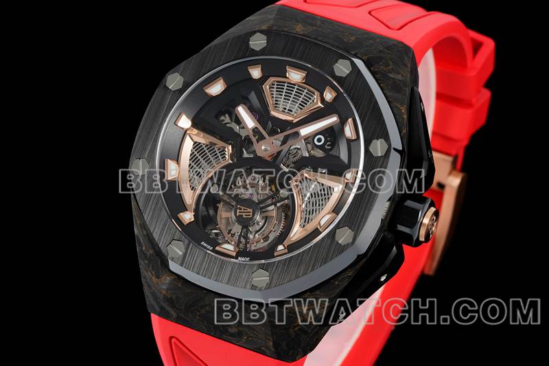 爱彼最佳复刻手表RM厂皇家橡树离岸型浮动陀飞轮机械红色橡胶款正面实拍图