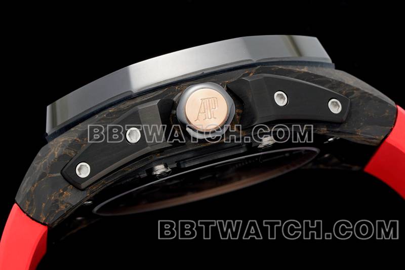 爱彼最佳复刻手表RM厂皇家橡树离岸型浮动陀飞轮机械红色橡胶款侧面实拍图